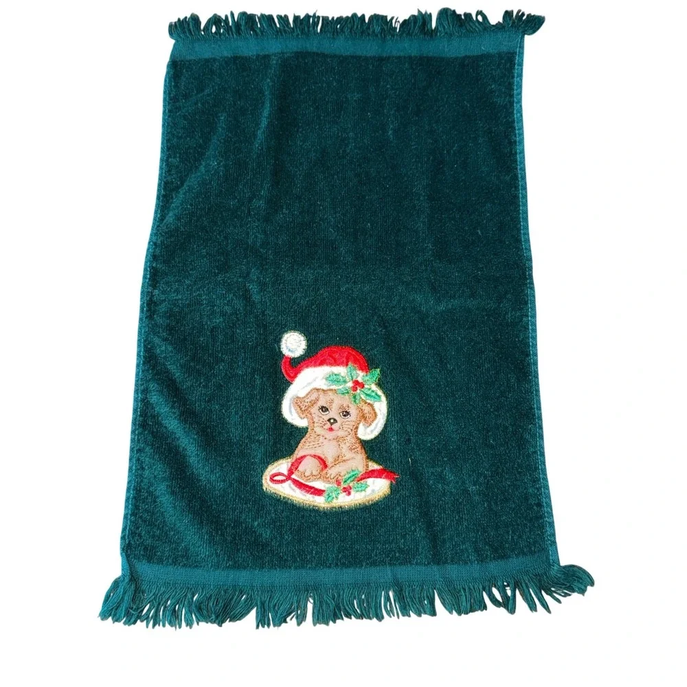 Vintage Christmas Hand Towel Embroidered Puppy Dog Santa Hat Fringed Green Bath